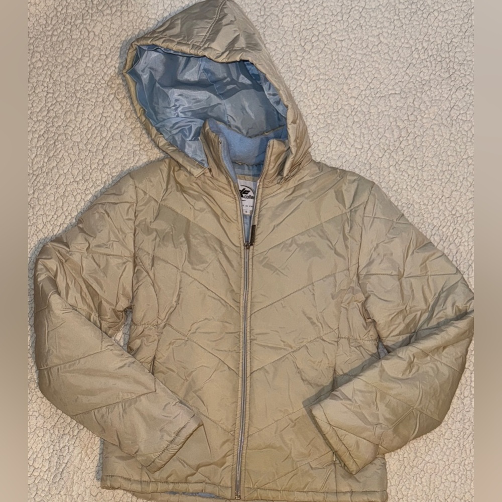 KC Collections Hooded Puffer Jacket Cream Light Tan Juniors Small